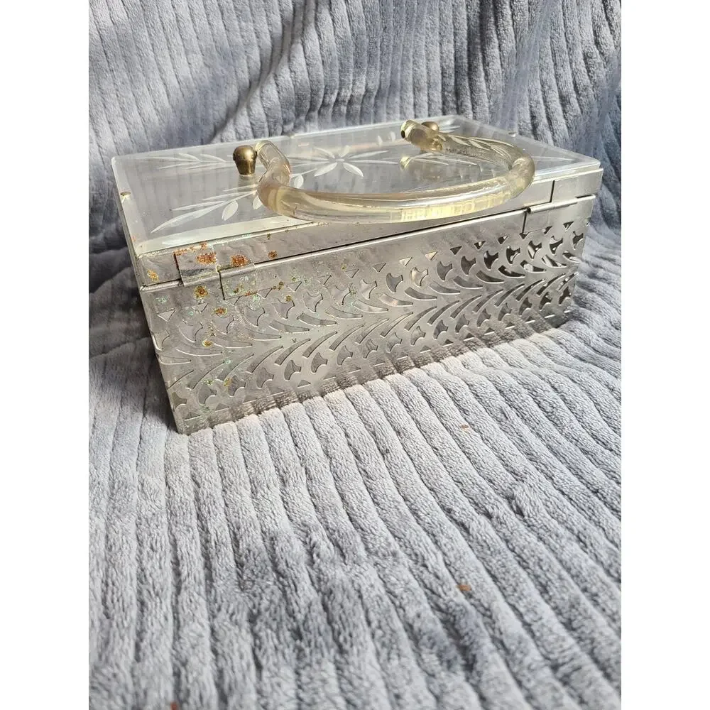 Vintage 1950s MCM clear etched floral Lucite & silver filigree chrome box purse